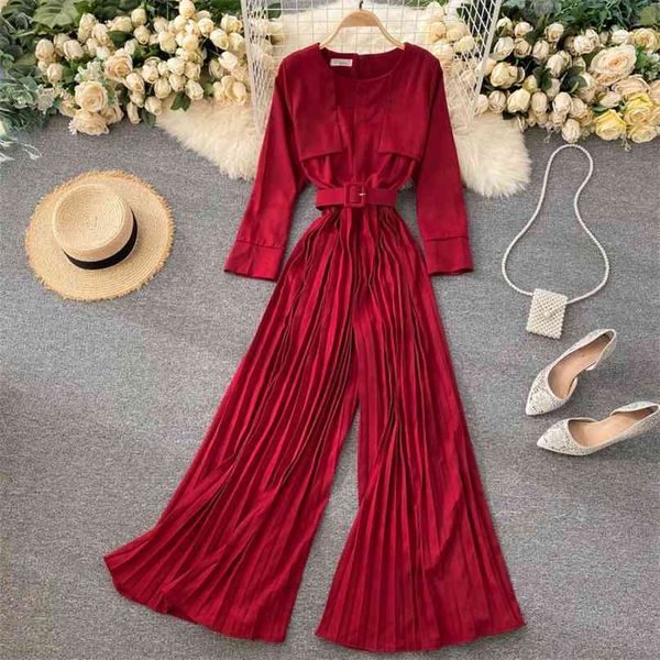 

women's autumn fashion round neck slim pleated wide leg jumpsuits lady long sleeve solid color clothes overalls p663 210527, Black;white