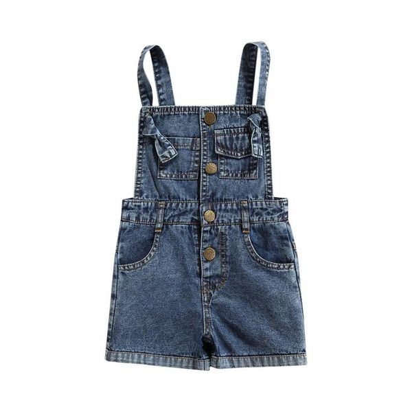 

jumpsuits stylish children solid color suspender pants, girls sleeveless square collar short denim jumpsuit overalls with pockets 1-6years, Blue