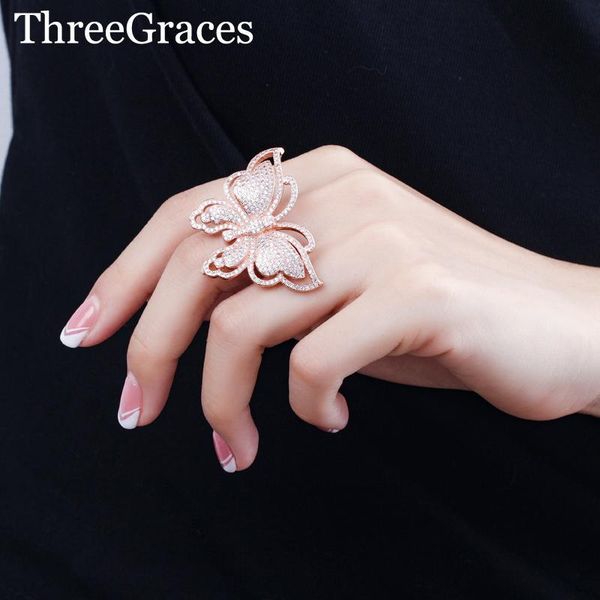 

wedding rings threegraces luxury rose gold color ring cubic zirconia big butterfly shaped finger for women jewelry rg075, Slivery;golden