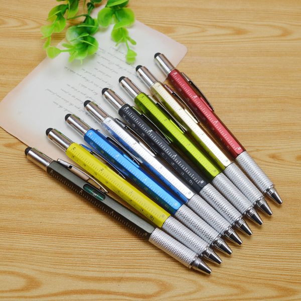 

batch small multi-function screwdriver ball point pen plastic tool six in one level touch advertising gift, Blue;orange