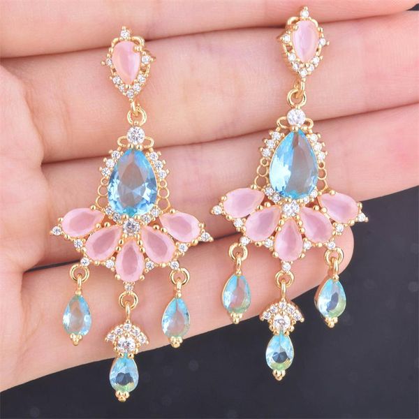 

stud kofsac temperament luxury pink crystal blue zircon earrings for women 925 sterling silver jewelry lady valentine's day gift, Golden;silver