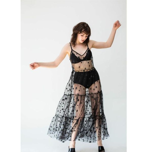 

women spaghetti straps tulle see through long dresses cover see through baggy ladies stars beach bling bling long dress, Black;gray