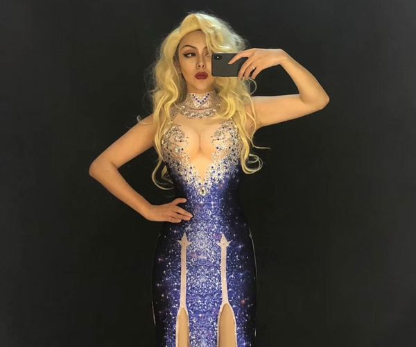

women stage diamond violet long dress sparkling crystal costumes nightclub birthday party stage wear dancer singer costumes, Black;red
