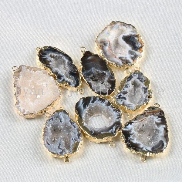 

natural brazilian electroplated gold color edged slice open agates geode drusy druzy connector pendants1, Black