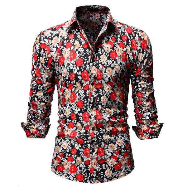 

fashion autumn new men's floral printed shirts male slim fit long sleeve shirt men printed business casual shirt -3xl, White;black