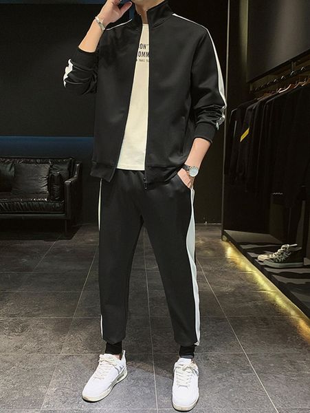 

men contrast panel zipper up jacket & pants set h05m#, Gray