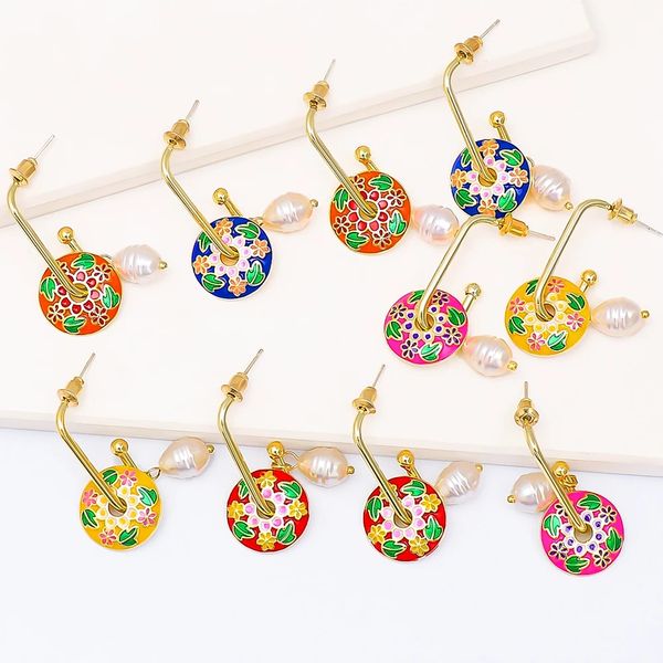 

vintage long geometric flower huggie drop earrings for women bohemian round pearl statement dangle earrings party enamel jewelry, Silver