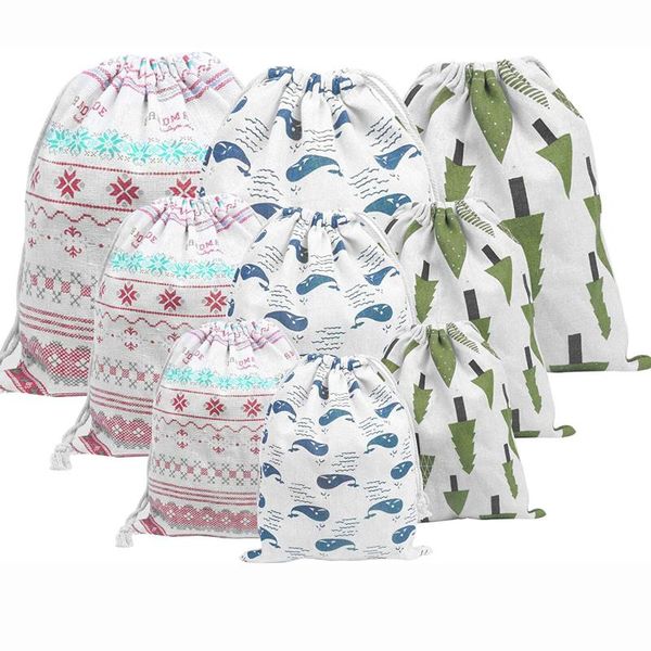 

40# 9pc portable linen storage bag printed cotton and linen drawstring bag organizer portable nordic style leaves cats gadgets