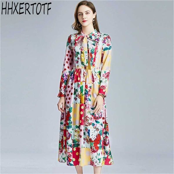 

spring autumn fashion vacation maxi dres long sleeve bow collar patchwork floral print dots pleated casual 210531, Black;gray