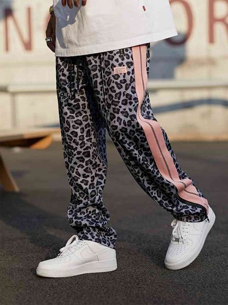 

men's pants gray pink leopard print casual sports couple's hip hop loose straight mens 6j44, Black