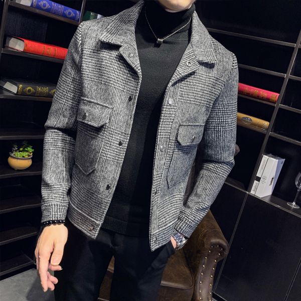 

2021 winter warm korean wool fine fit of men jackets and short coats section classic male plaid jacket 4tjs, Black