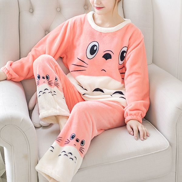 

women's sleepwear winter pink flannel warm pajamas women long sleeve home suit ladies sleepwear cartoon velvet pajama set thicken femin, Black;red