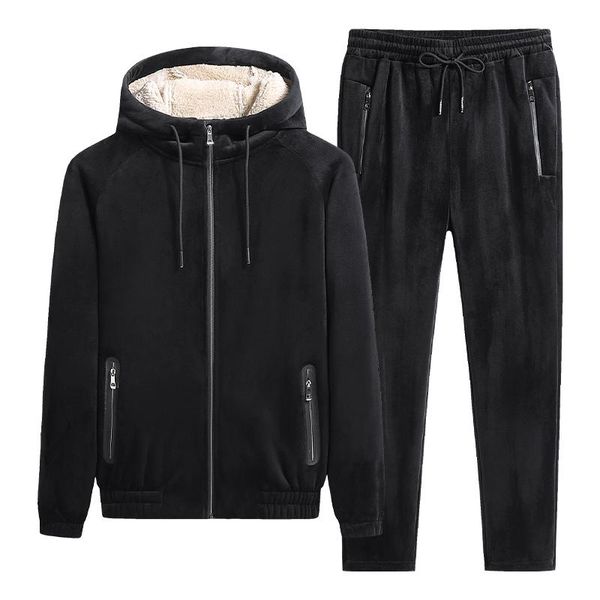 

men 2 piece sets fleece tracksuits winter thicken hoodie sweatpants set male zipper hooded sportswear suit men clothing 2021, Gray