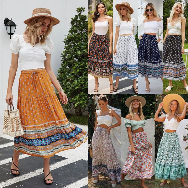 

new 2021 vero nova moda imprio feminino bohemia skrit causal solto slido bandagem floral impresso senhoras uma linha saia bsica 1iv5 s7pf, Black