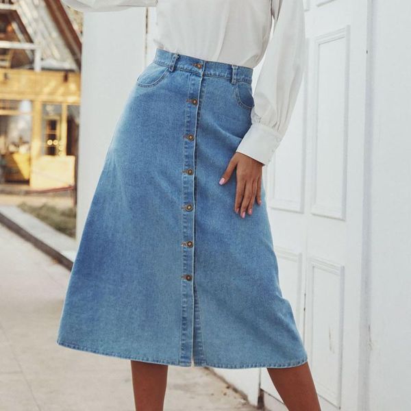 

long skirt women cotton fashion single breasted solid color denim summer casual a-line high-waisted skirts, Black