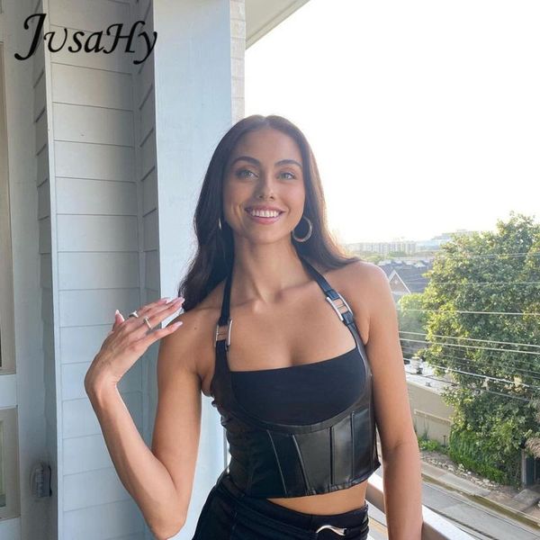 

women's tanks & camis jusahy y2k patchwork faux pu material crop for women fashion sleeveless halter zipper camisole casual streetw, White