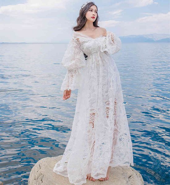 

casual dresses runway hollow out lace white women bohemia leisure vacation beach long femme fashion vestidos zmgb, Black;gray