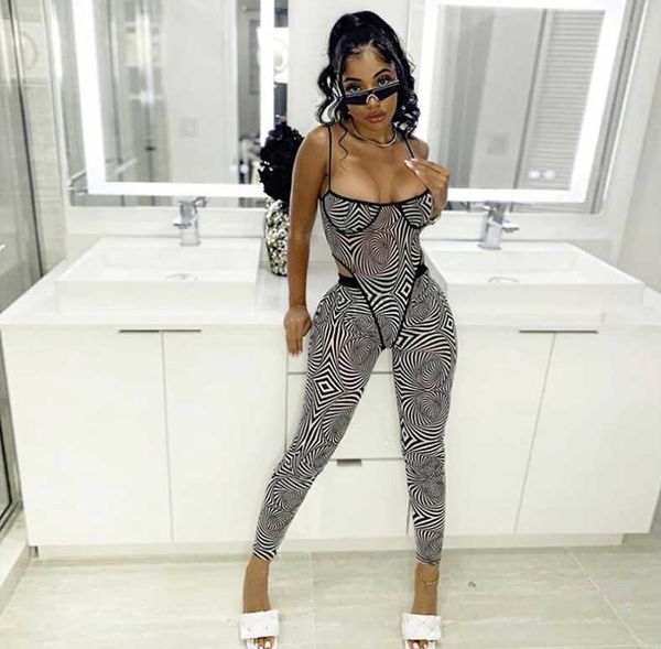 

women's jumpsuits & rompers yoosula geometric print mesh two piece set women 2021 fall spaghetti strap bodysuits+pants matching sets sk, Black;white