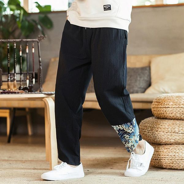 

men's pants 2021 patchwork casual harem men clothing joggers japanese streetwear cotton linen trousers hip hop tracksuit m-5xl, Black