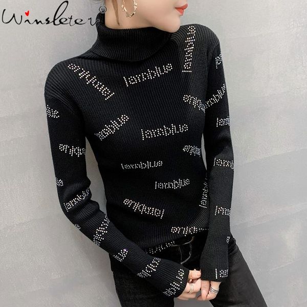 

women's sweaters madblack fall winter knit turtleneck sweater european clothes women fashion shiny diamonds pullover long sleeve t1071, White;black