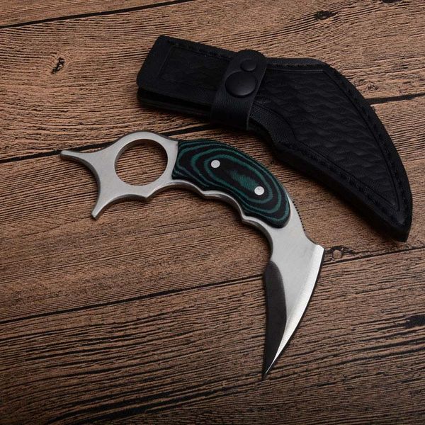 Coltello Karambit di alta qualità 440C Lama satinata Full Tang Manico in micarta Lame fisse Coltelli da artiglio con fodero in pelle