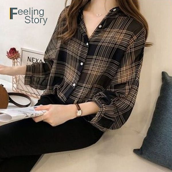 

women's summer blouses casual office plaid shirt chiffon blouse 3xl 4xl 5xl plus size long sleeve shirts for women clothing 210603, White