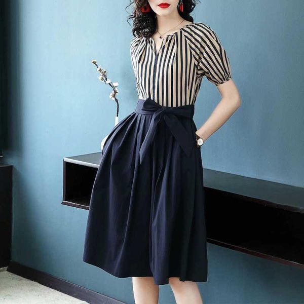 

casual dresses summer 2021 fashionable high-end striped dress vintage bandage clothes cotton a-line, Black;gray
