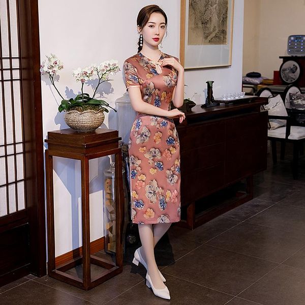 

ethnic clothing chinese traditional costumes women tight bodycon dress cheongsam tang suit print split kimono, Red