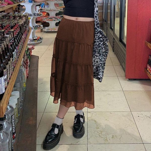 

skirts yiyimiyu 90s aesthetics brown mesh ruffles y2k fairy grunge low waist patchwork midi skirt a-line indie outfits fashion, Black