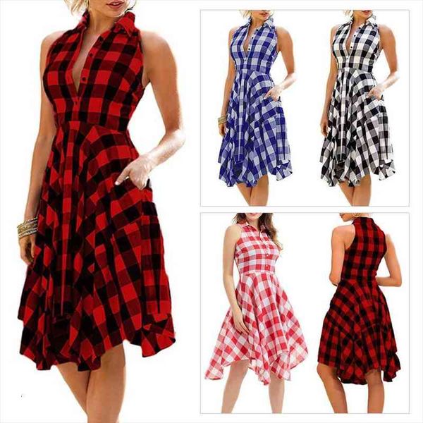 

sales arrival fashion summer lady plaid print button down slim sleeveless irregular midi dress wholesale dropshipping, Black;gray