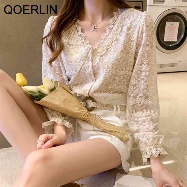 

hook flower hollow out spring korean v neck long-sleeved shirt women's single-breasted lace shirts girls 210601, White