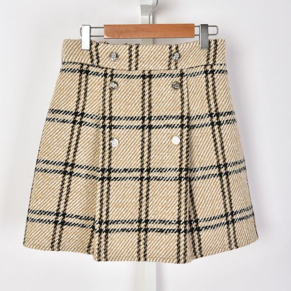 

2021 autumn fall pink / khaki plaid print woolen elegant panelled buttons double-breasted above knee short mini skirt women fashion skirts o, Black