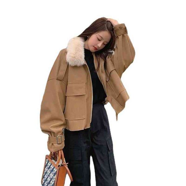 

large wool collar parker leather women's short 2021 winter korean loose warm plush pu motorcycle coat, Black;brown