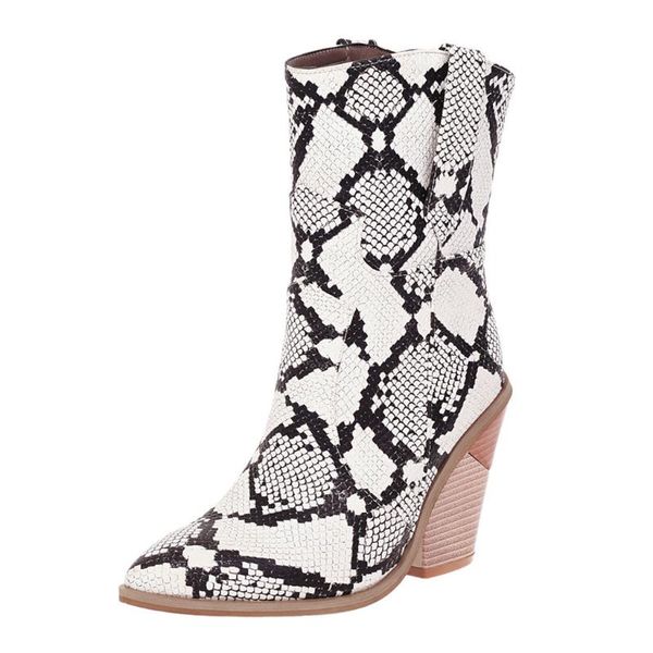 

boots female western cowboy snake pattern faux leather high heel wedge ladies print booties 2021, Black