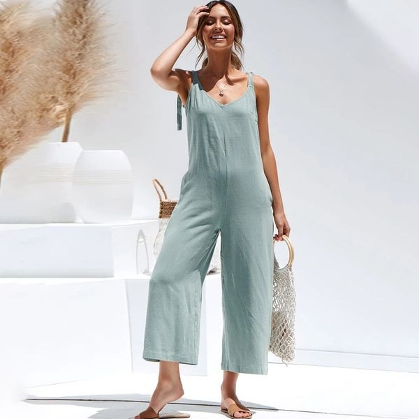 

2021 new fashion casual lace up women romper spaghetti straps cargo pants female wide leg jumpsuit summer loose ladies overalls szi7, Gray