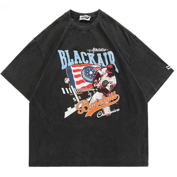 

t shirt for men short sleeve washed grey distress o-neck cotton harajuku streetwear baseball player print oversized t-shirt, White;black