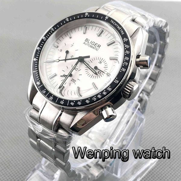 

40mm bliger grey dial week date indicator multifunctional rvs strap automatic mens luxurious mechanical watch, Slivery;brown