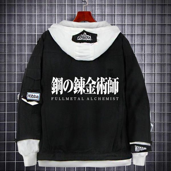 

men's hoodies & sweatshirts spring and autumn coat fullmetal alchemist cosplay printing hooded men's women's denim jacket jea, Black