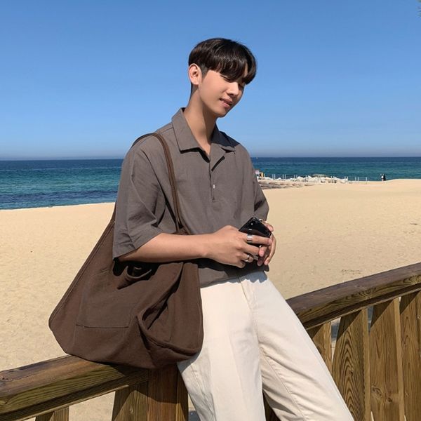 

iefb / men's wear 2021 summer korean short-sleeved t-shirt fashion handsome cotton and linen casual turn down collar 9y2253 210317, White;black