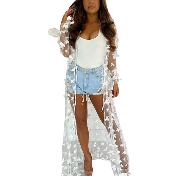 

women's swimwear arrival fashion long swimsuit cover up open front 3d butterfly flowy kimono cardigan, White;black