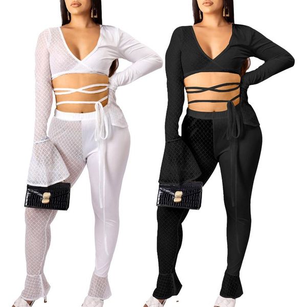 

women's two piece pants classic black white bandage flare sleeve crop female high waist suits set for women outfits party clubwear