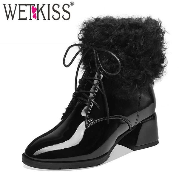 

wetkiss lambswool snow boots women patent pu ankle booties fur thick heels shoes female square toe lace up shoes ladies winter 210630, Black