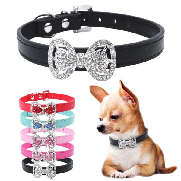 

cute pu leather small dog puppy collar bling rhinestone bowknot chihuahua collar