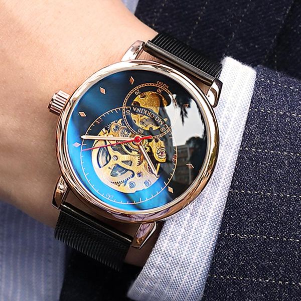 

wristwatches mgorkina 2021 men's casual sports watch, skeleton luminous stainless steel wrist watches, Slivery;brown