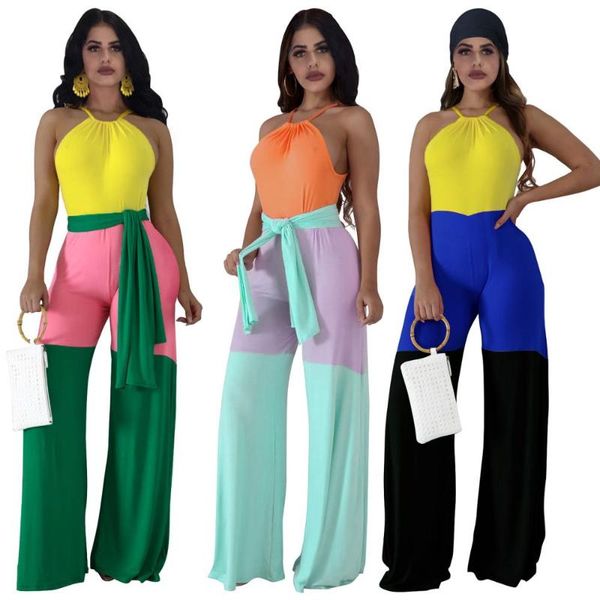 

women's jumpsuits & rompers women spaghetti strap patchwork wide leg long pants jumpsuit ladies outfits vintage beach boho loose, Black;white