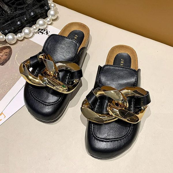 

slippers outdoor slides women shoes woman metal chain summer black beige round cover toe waterproof plus size