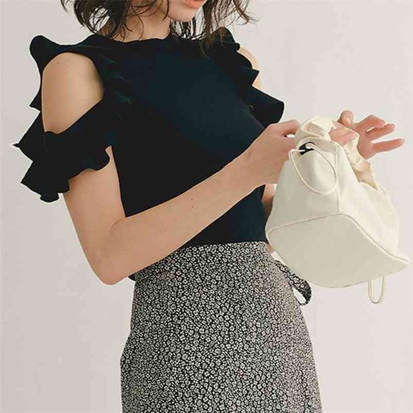 

sweet shoulder strapless pullover fashion elegant o neck knit sweater women spring summer candy color bottoming tshirts 210623, White