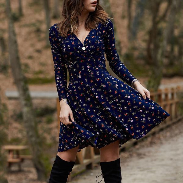

spring summer long sleeve women dress v neck flowers print boho elegant vintage floral printed casual green a line swing, Black;gray