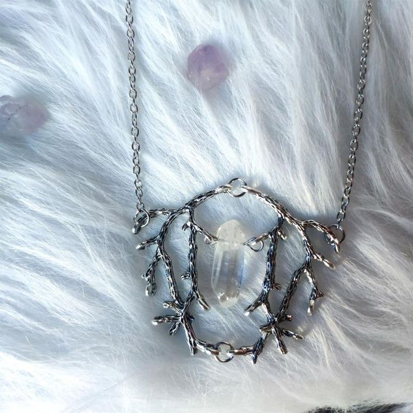 

pendant necklaces gothic vintage white quartz branches crystal necklace witch jewelry fantasy forest amulet magic party gift for women, Silver