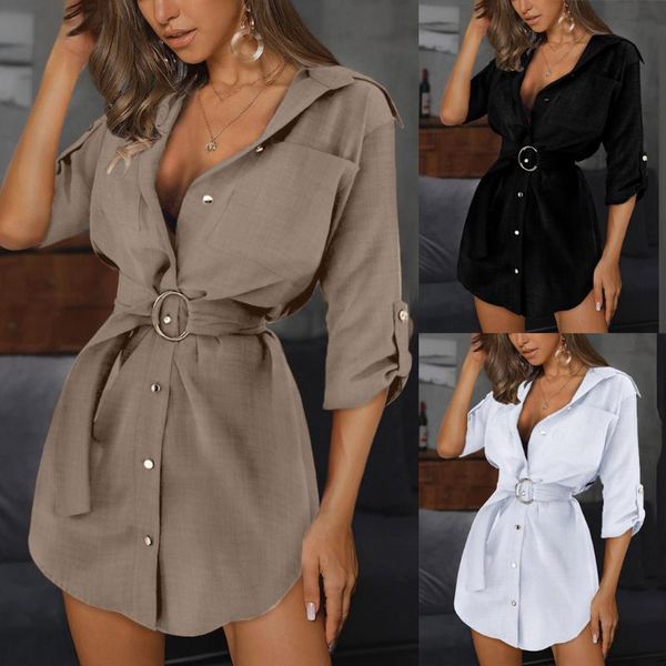 

women autum long sleeve mini dress long blouse office lady belt pocket btton casual work blouse camicette donna 7.23, White